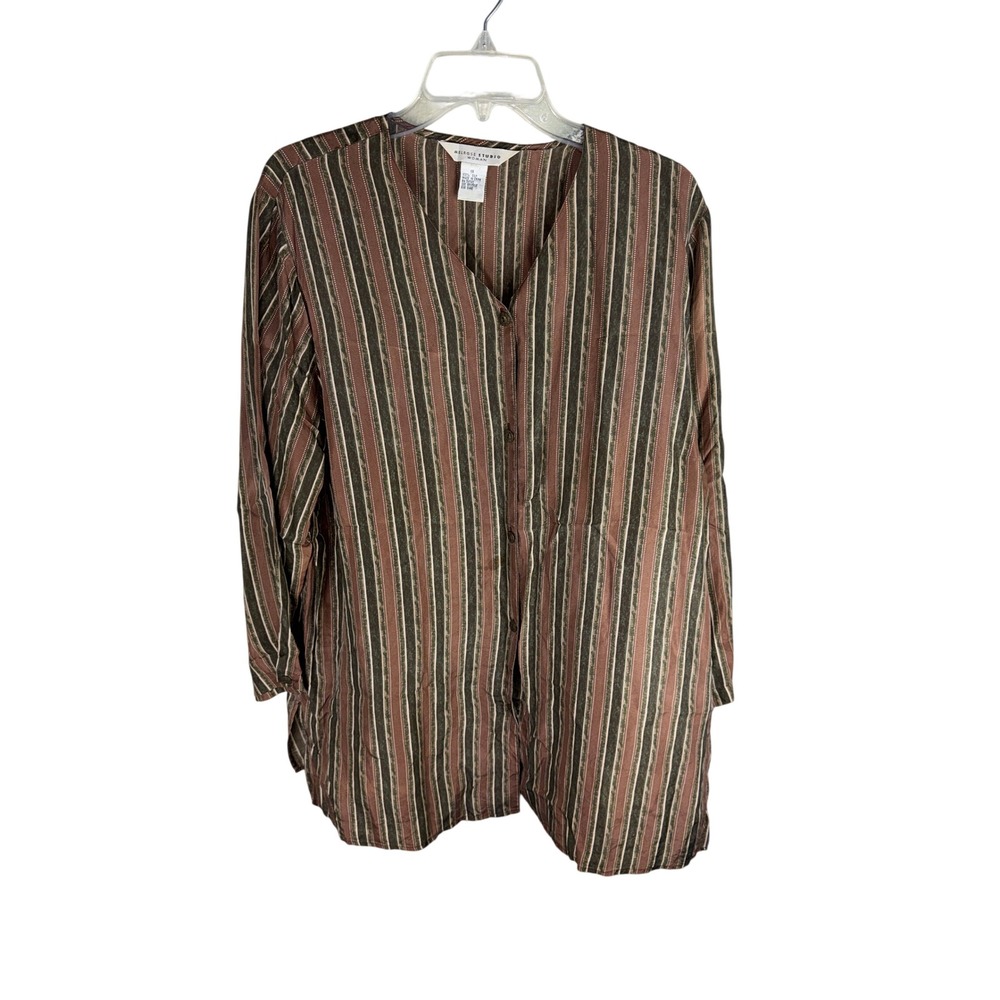 Melrose Studio Woman 100% Silk Striped Button Down Blouse Brown Olive Tunic 1X